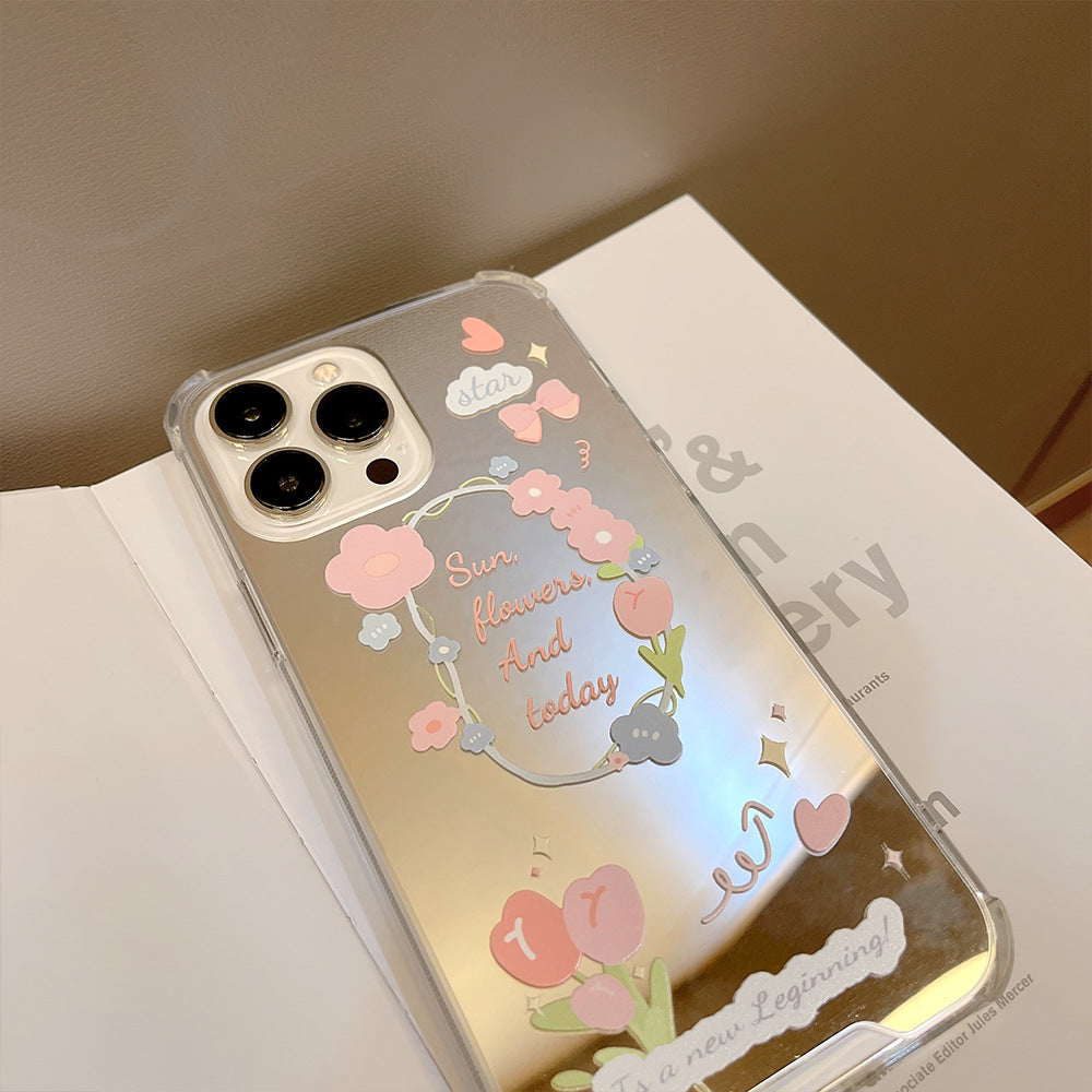 Fresh small floral iphone17 Apple 16Promax mobile phone case 15 silicone 11/12 makeup mirror X