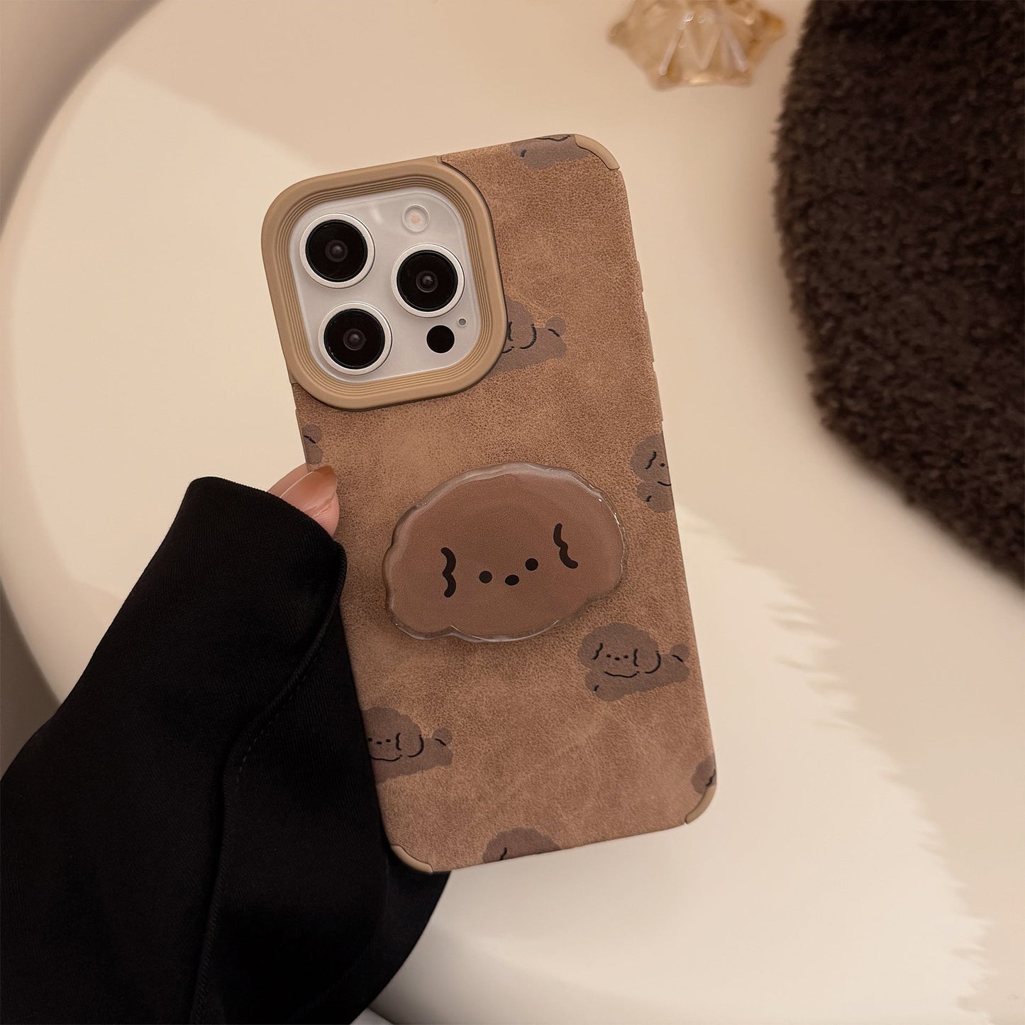 ins leather brown dog for iphone16 iphone case 14pro max retro bracket 15 pom-pom 17