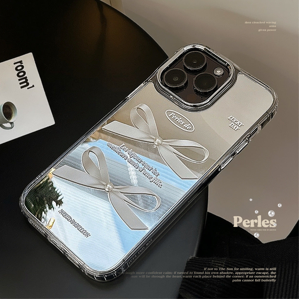 Mirror surface is suitable for Apple 16Pro mobile phone case max three-dimensional pearl bow iphone15 temperament 13 anti-drop 17