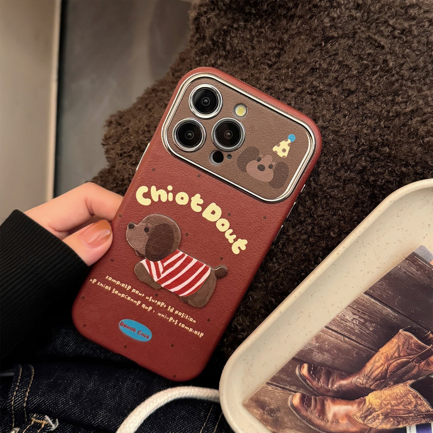 Autumn and winter couple puppy suitable for 16promax iPhone case iphone15 three-dimensional cartoon 14 leather case 17