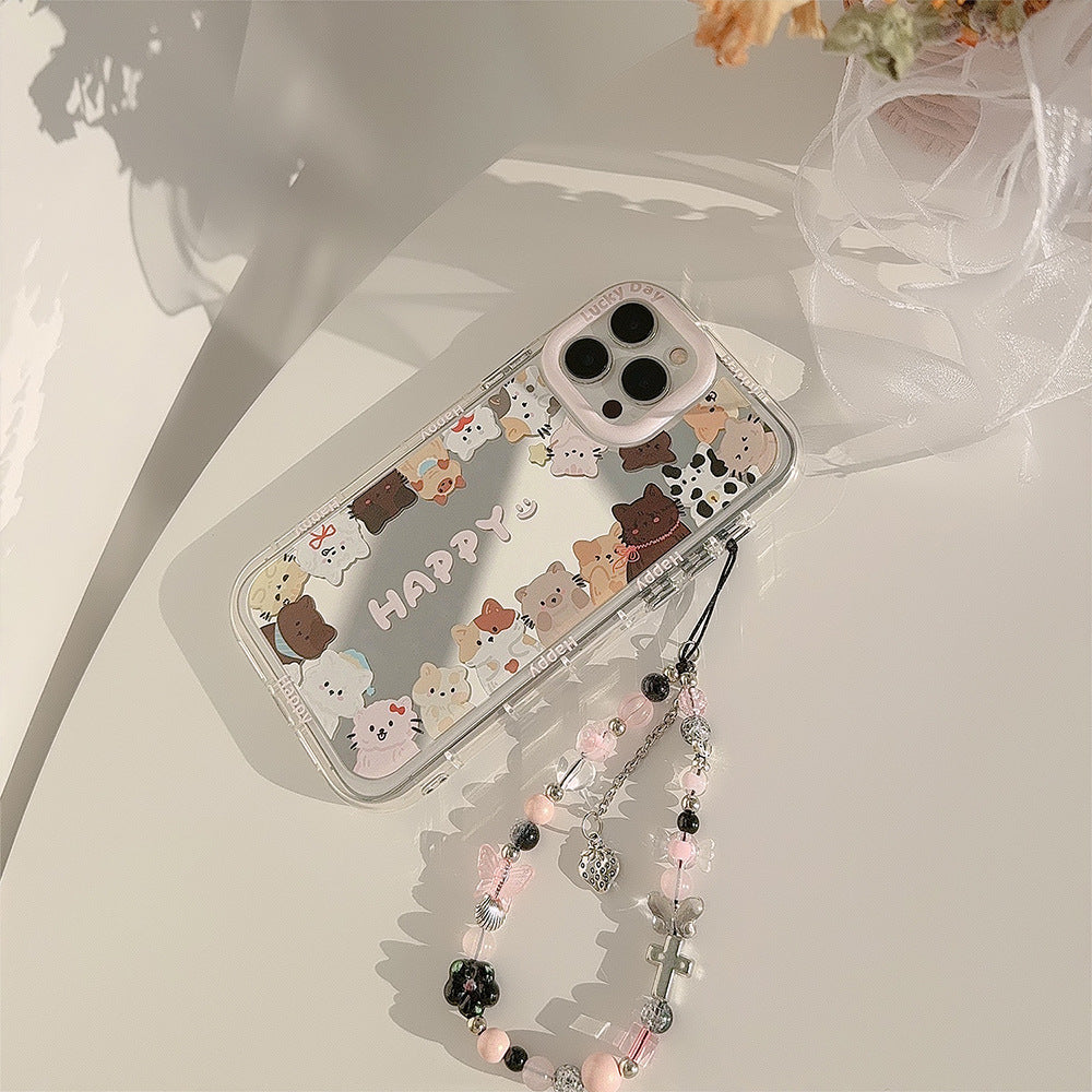 Mirror ins cute cat suitable for 16Pro Max Apple 15 mobile phone case iPhone17 Korean 12 lanyard 11