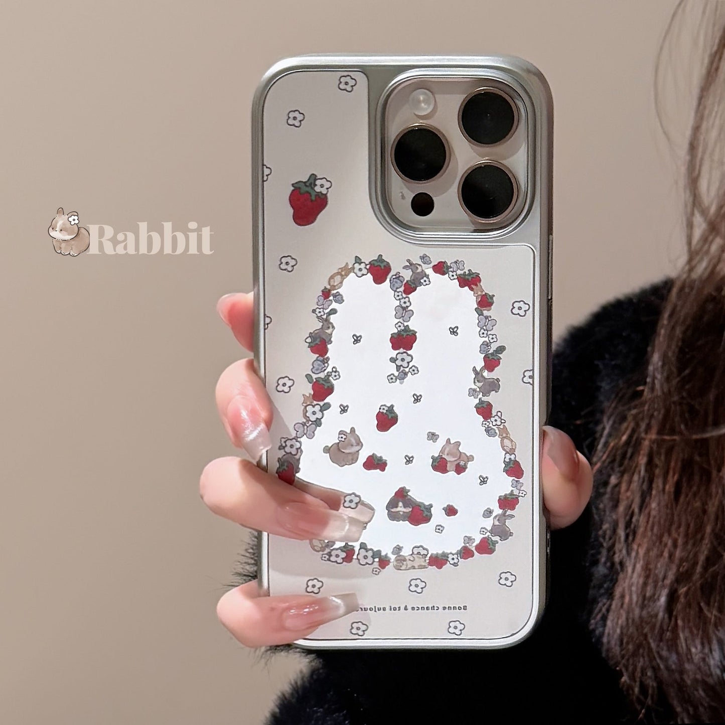 ins wind cute bunny strawberry suitable for 16 apple 15pro max mobile phone case iphone17 mirror 13 electroplating