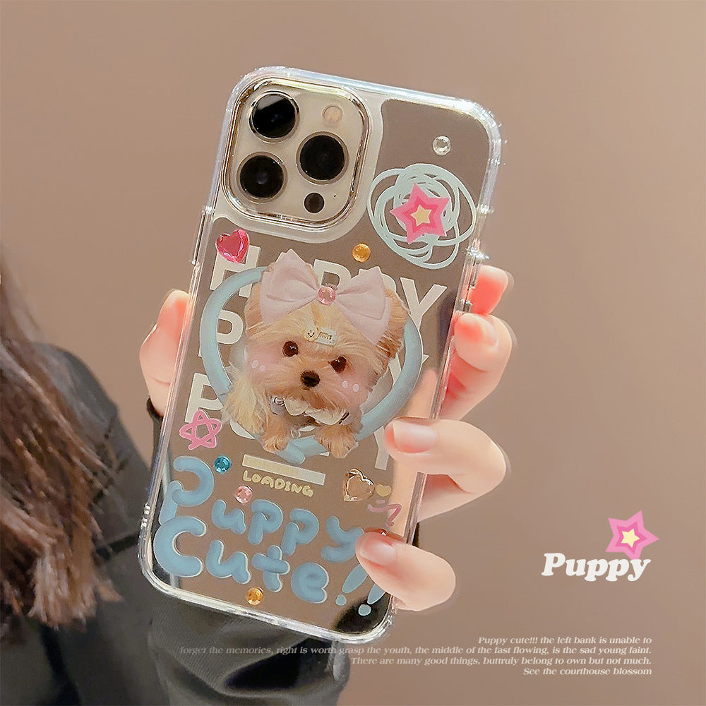 Dopamine puppy 17promax iPhone case for iphone16 cute 13 makeup mirror 15 sticker diamond