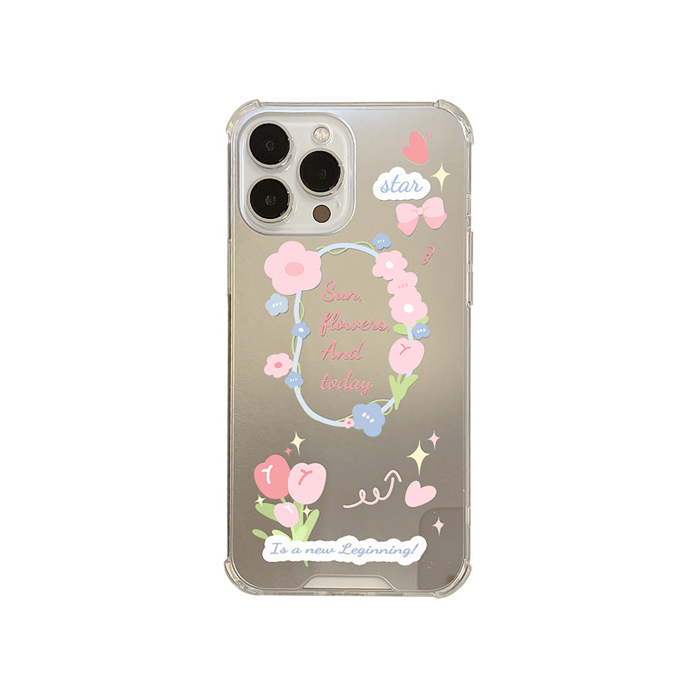 Fresh small floral iphone17 Apple 16Promax mobile phone case 15 silicone 11/12 makeup mirror X