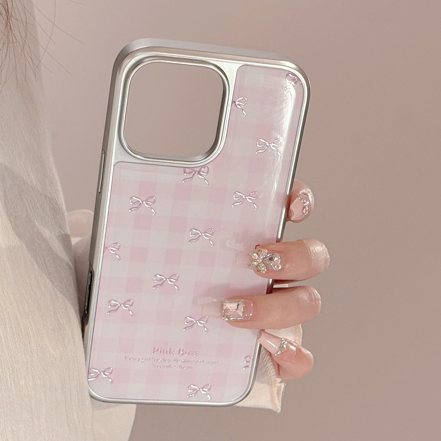 Gilt applies to Apple 17promax mobile phone case iphone16 pink plaid bow 13 electroplating 14 hard Huawei
