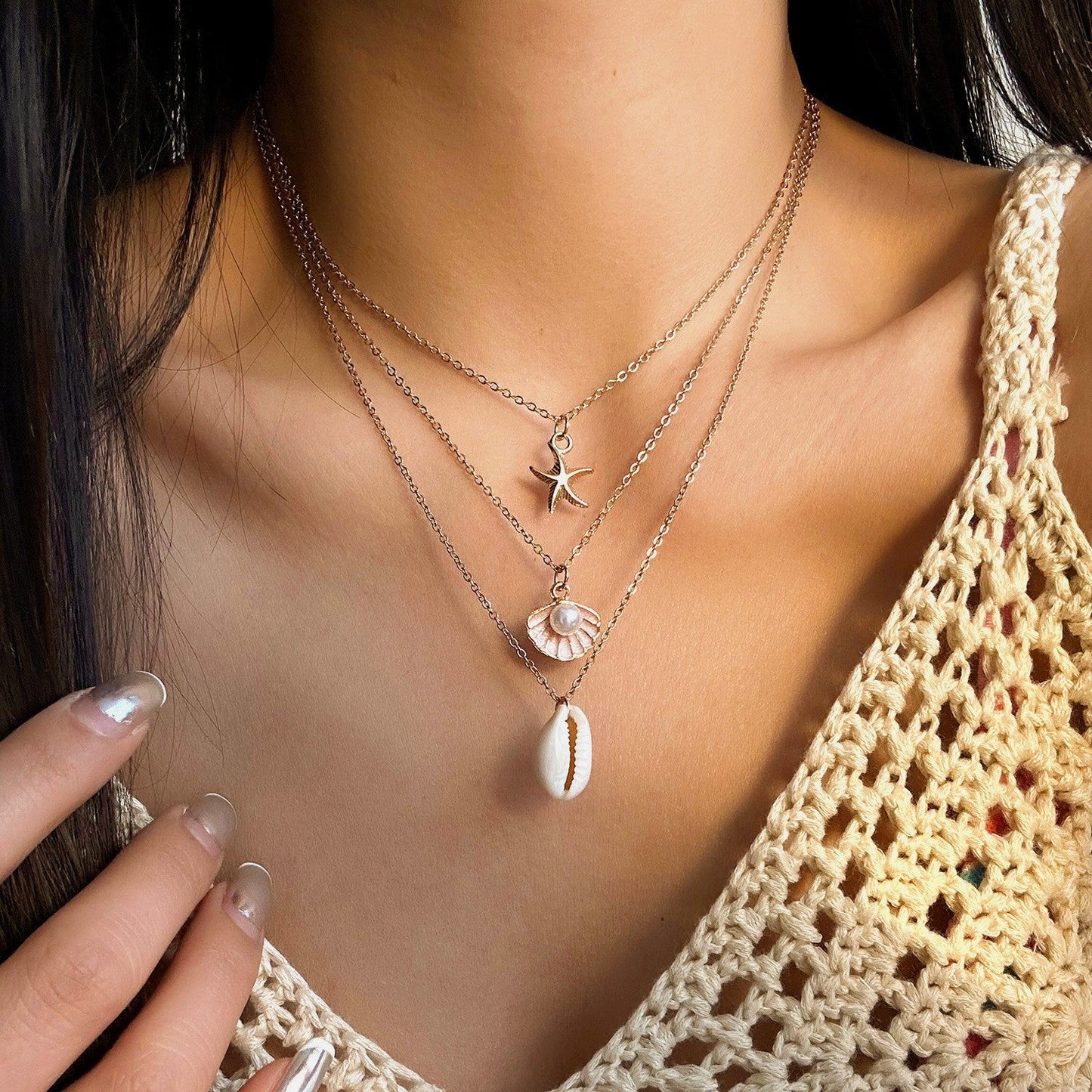 starfish necklace pearl multi-layer stacking necklace