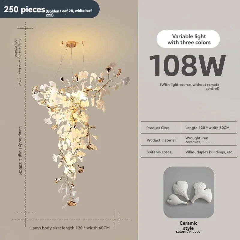 DecorBites™ Ginkgo Leaf Chandelier for Luxury Staircase & Lobby, Designer Duplex Lighting
