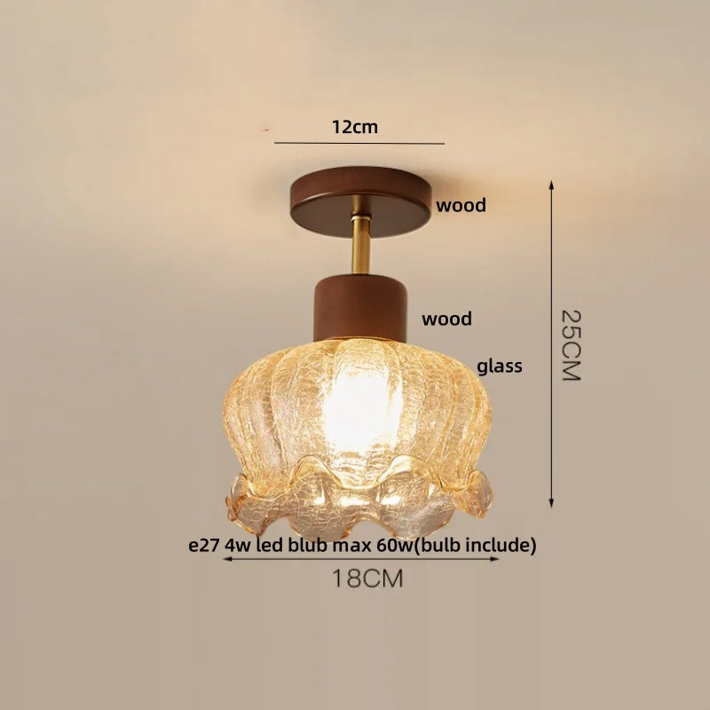 DecorBites™ Amber Glass Wood LED Ceiling Light Fixture for Modern Living Room.