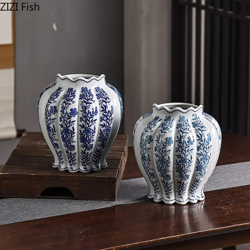 DecorBites™ Blue & White Porcelain Vase Desk Decor with Artificial Flowers