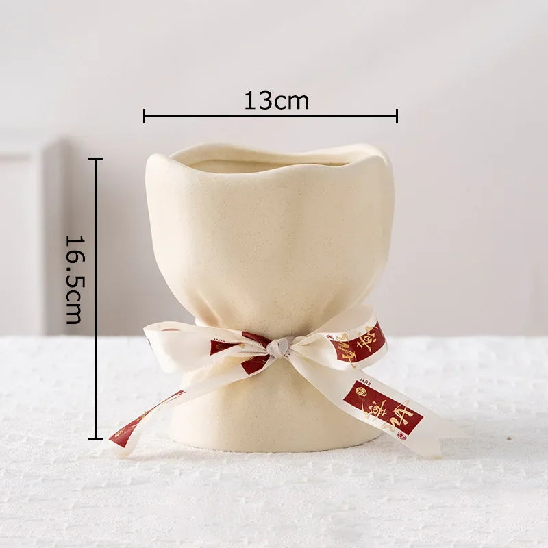 DecorBites™ Lovely Ribbon Ceramic Vase Set for Cute Room Aesthetic Decor