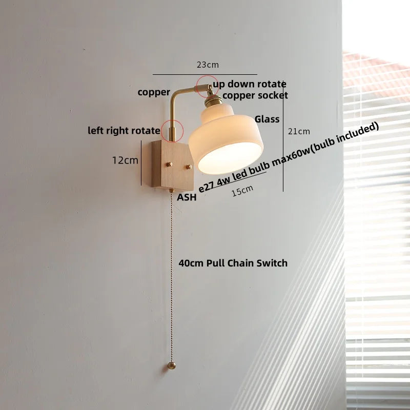 DecorBites™ Glass Pink LED Wall Lights Pull Chain Switch Rotatable Sconce Bedside Lamp