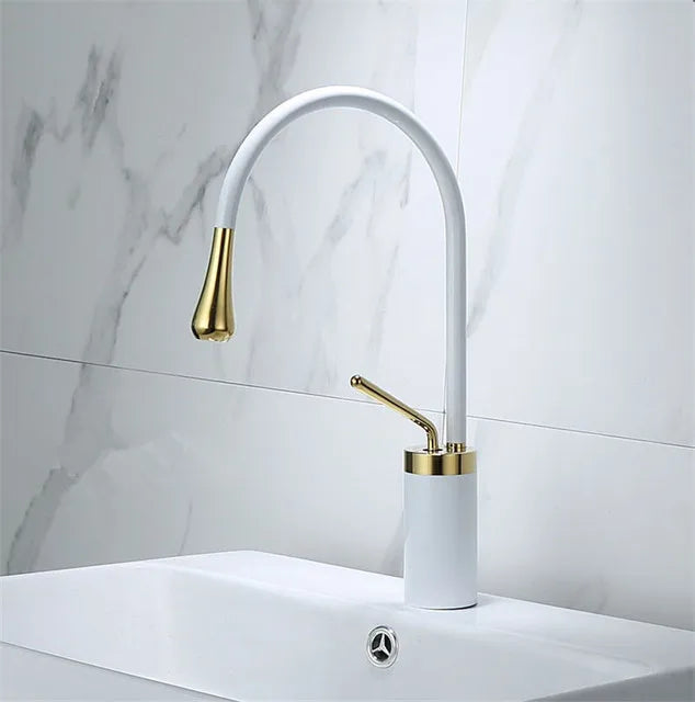 DecorBites™ Brushed Gold/Black/White Basin Faucet with Single Handle Swivel Sink Water Crane