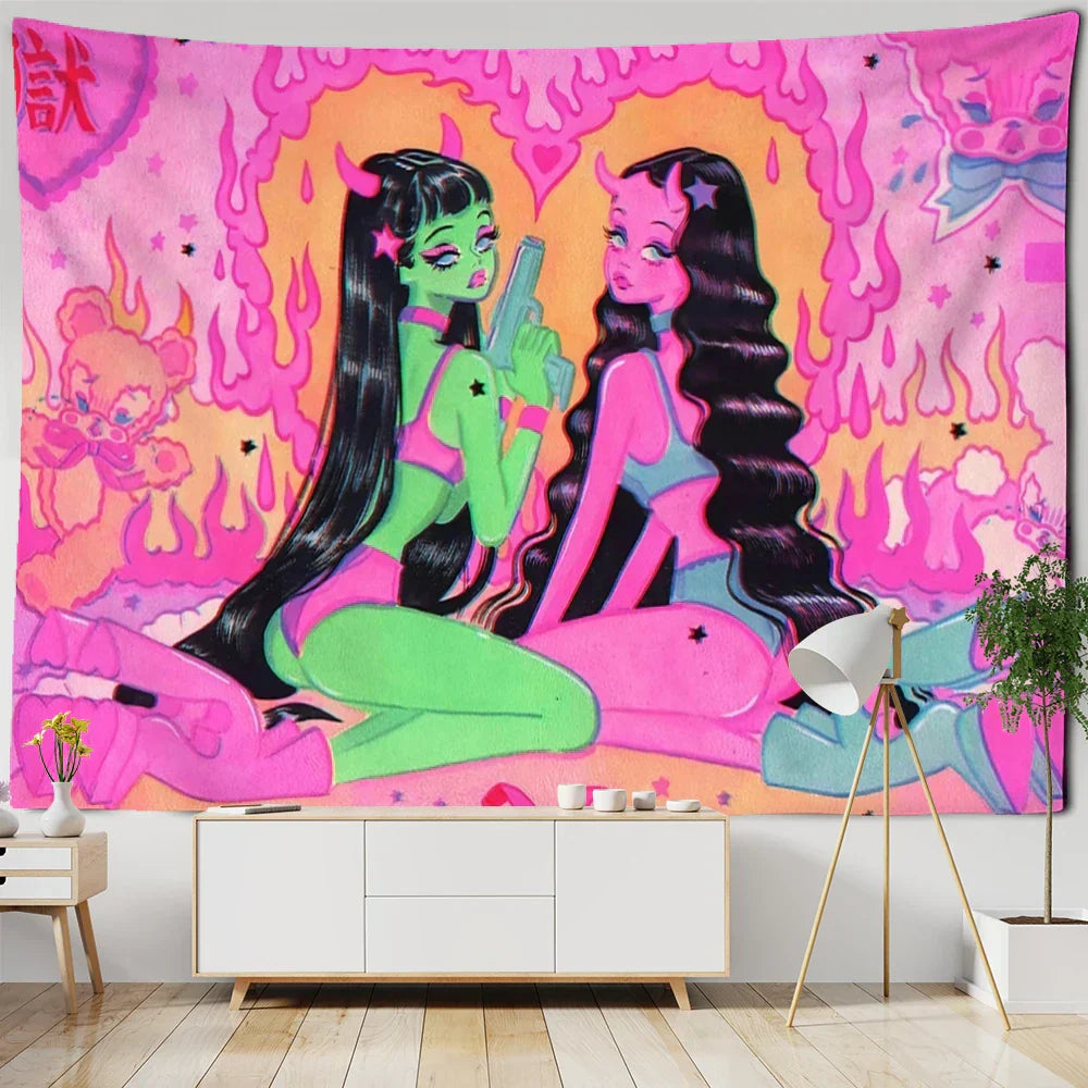 DecorBites™ Kawaii Women Tapestry Anime Girl Illustration Aesthetic Art Hippie Dorm Decor