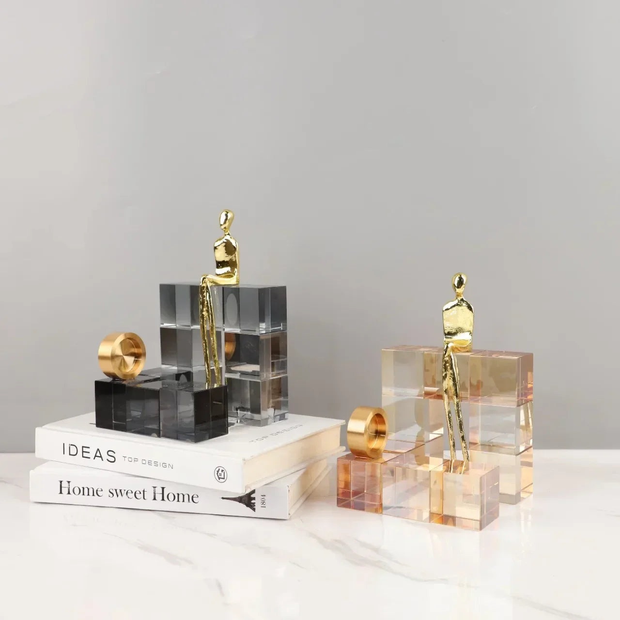 DecorBites™ Geometric Stair Crystal Ornament Metal Gold Sculpture
