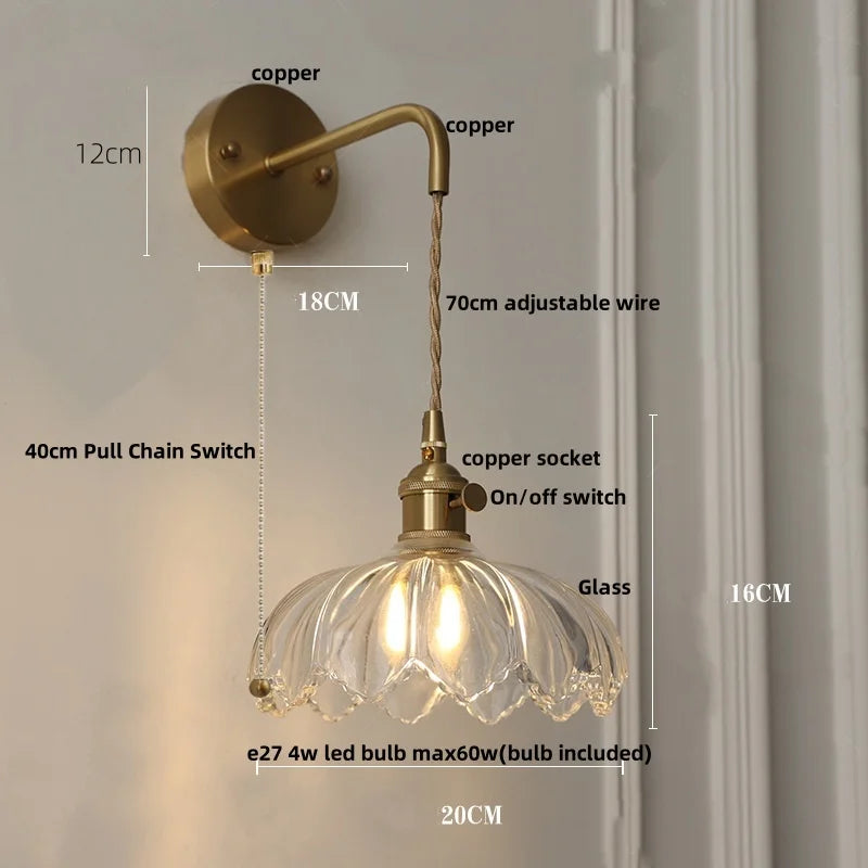 DecorBites™ Glass & Copper Green Flower LED Wall Sconce with Pull Chain