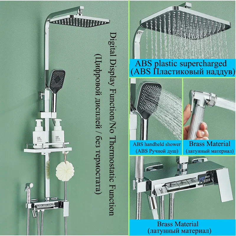 DecorBites™ Digital Display Thermostatic Shower Faucet Set with Rainfall Shower Column in Chrome