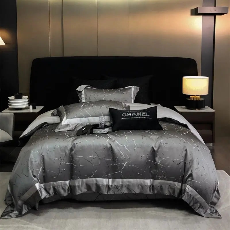 DecorBites™ Brocade Satin Jacquard Luxury Cotton Bedding Set - Duvet Cover, Sheet, Pillowcases