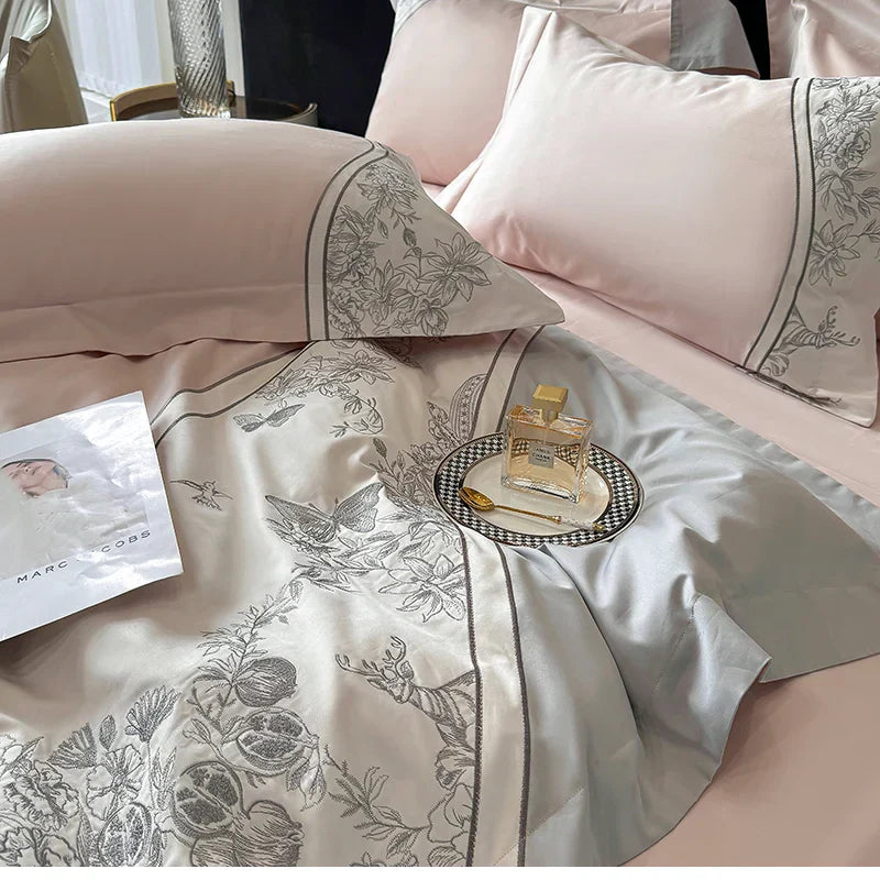 DecorBites™ Luxe Butterfly Flowers Embroidery Bedding Set with Duvet Cover Sheet Pillowcases 4Pcs