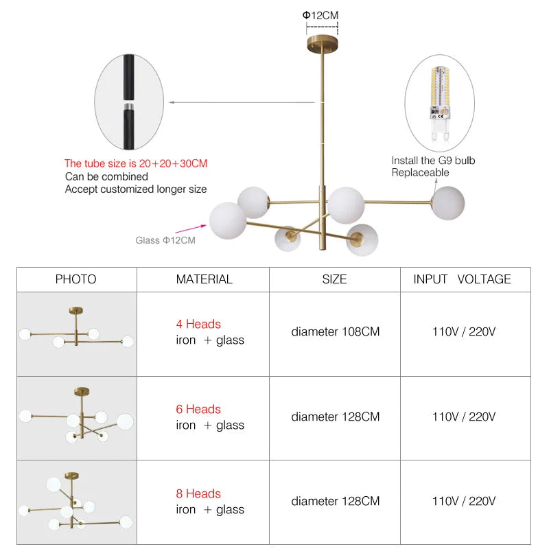 DecorBites™ Brass Chandelier: Nordic Glass Pendant Lights for Home, Living Room, Bedroom, Restaurant & Cafe