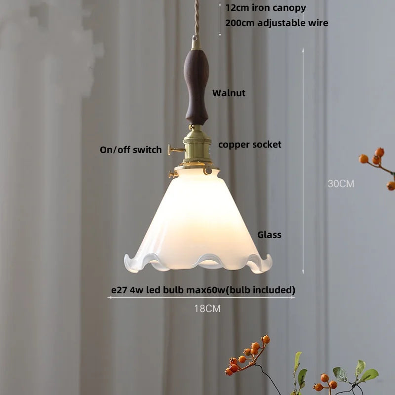 DecorBites™ Amber Glass LED Pendant Lamp Walnut Wood Copper Hanging Light