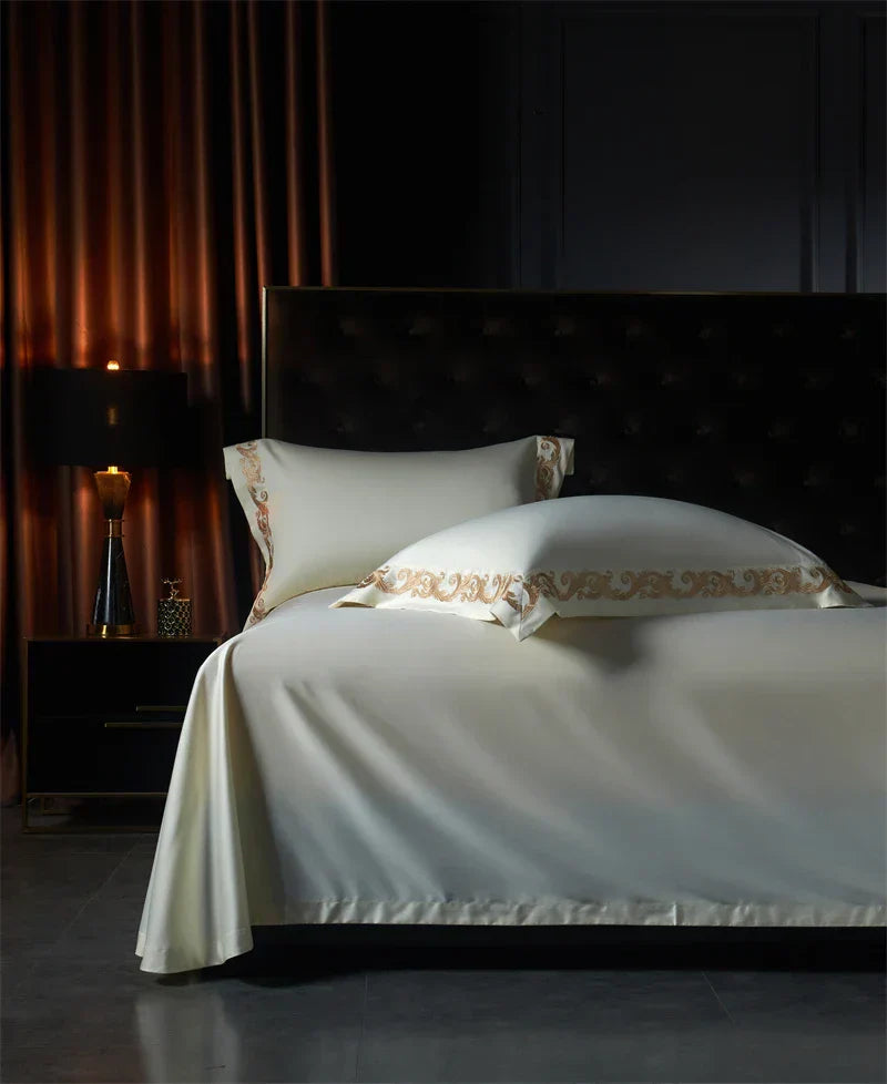 DecorBites™ Luxe Gold Embroidery 1400TC Egyptian Cotton Queen King Bedding Set