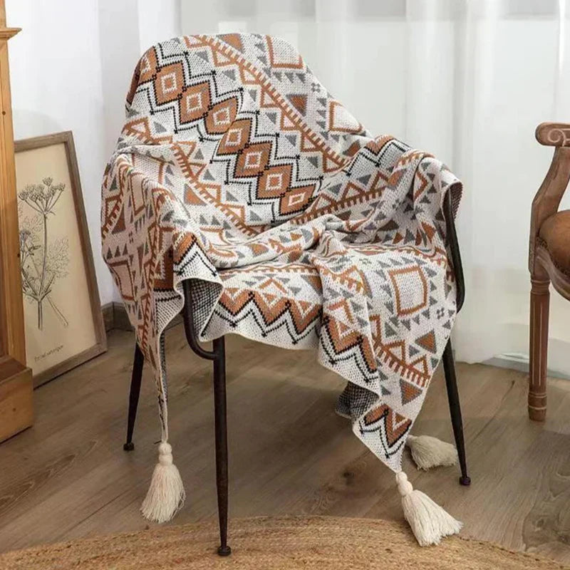 DecorBites™ Bohemian Striped Knit Throw Blanket with Tassel Shawl - Versatile and Cozy Blanket