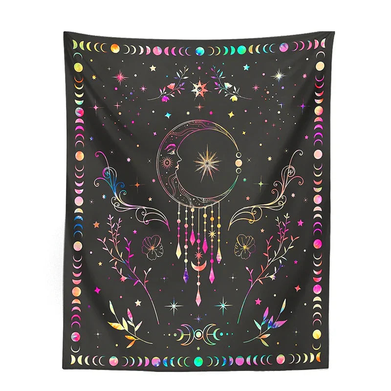 DecorBites™ Celestial Moon Phase Tapestry with Floral Accents