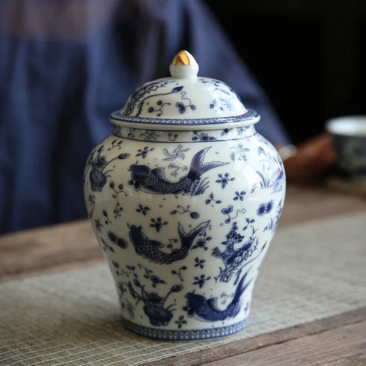 DecorBites™ Blue & White Porcelain General Jar: Vintage Ceramic Storage Tank for Home Decor