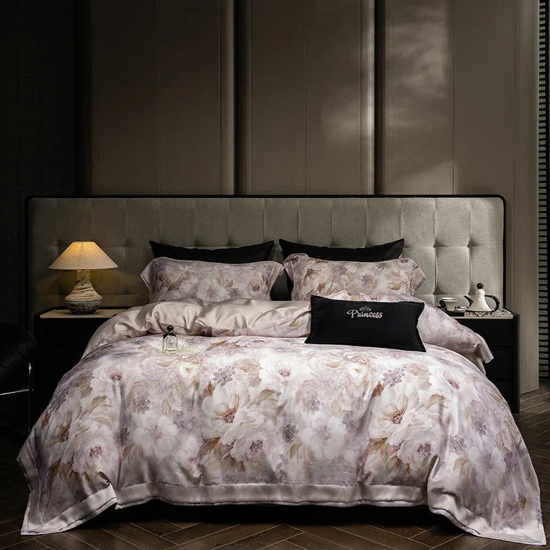 DecorBites™ Eucalyptus Fiber Floral Print Bedding Set: Duvet, Sheet, Pillowcases - 4Pcs