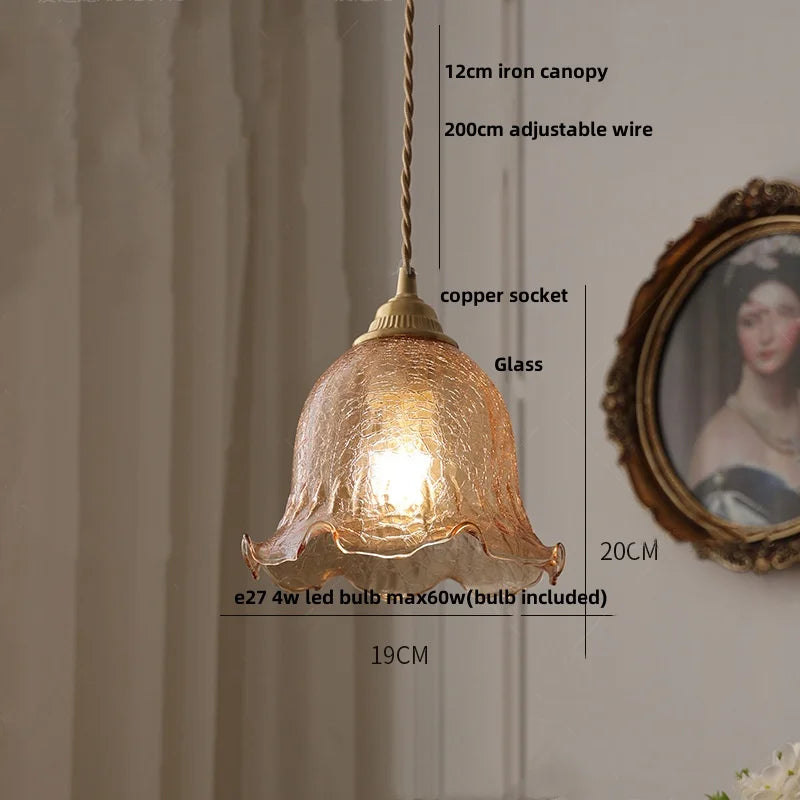 DecorBites™ Amber Glass LED Pendant Lamp Walnut Wood Copper Hanging Light