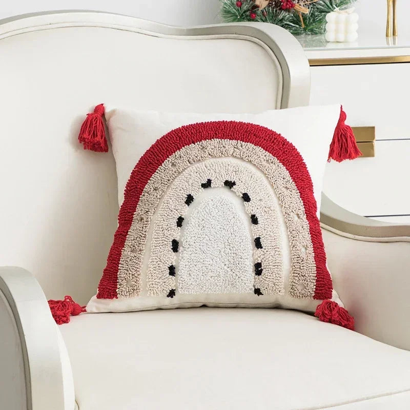 DecorBites™ Christmas Embroidered Red Geometric Pillow Cover for Festive Home Decor