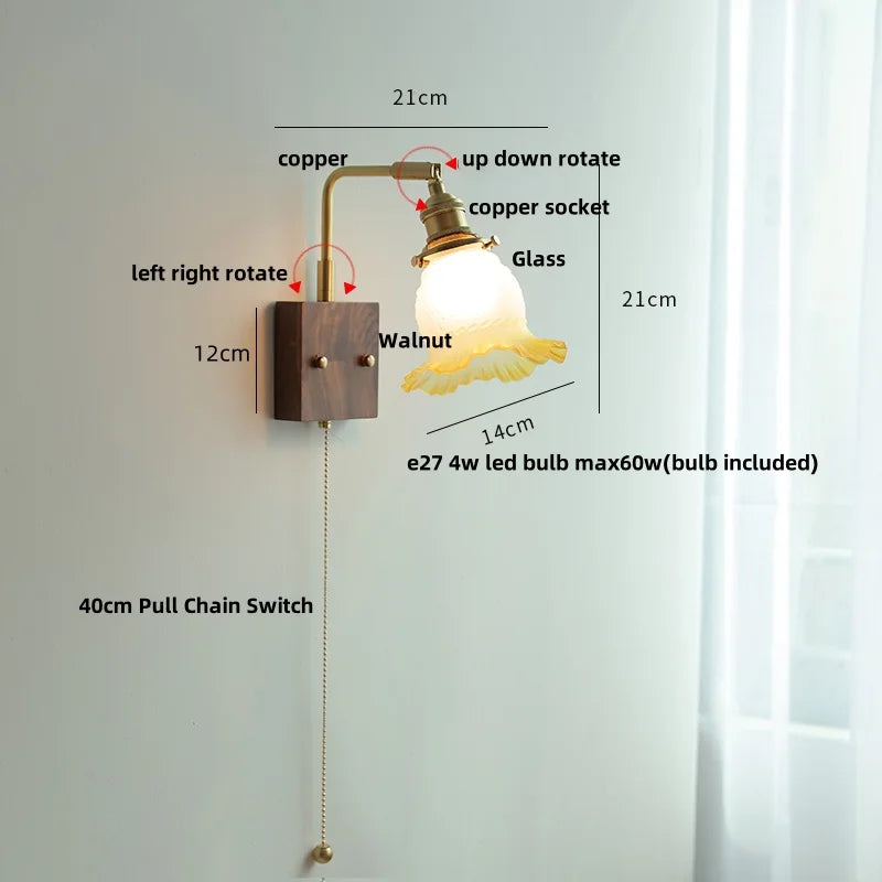 DecorBites™ Amber Glass LED Wall Sconce with Walnut Wood, Pull Chain Switch for Living Room