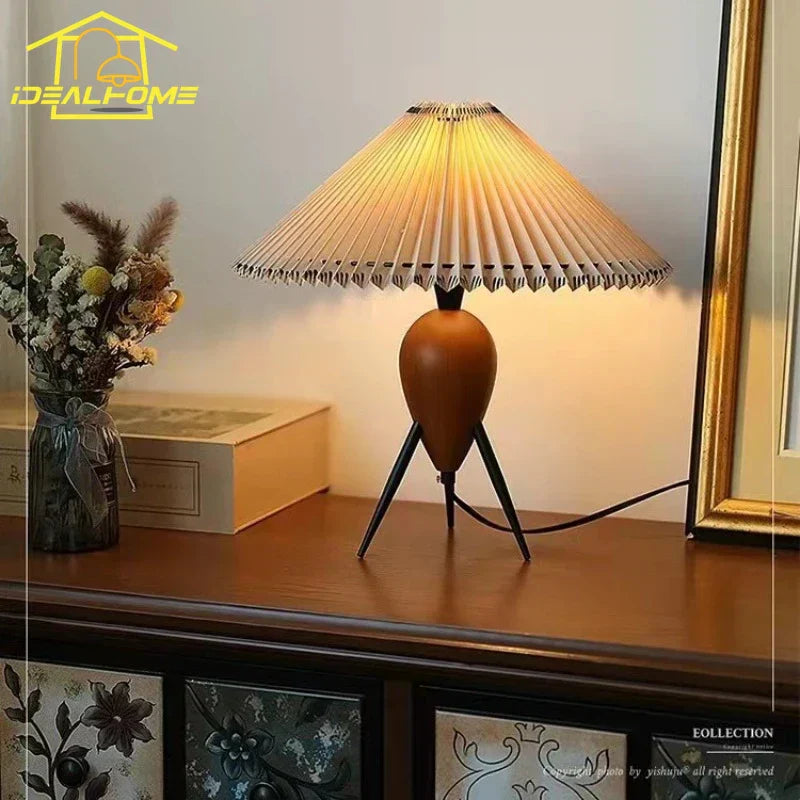 DecorBites™ Bauhaus Pleated Wood Table Lamp LED E27 Solid Fabric Desk Light