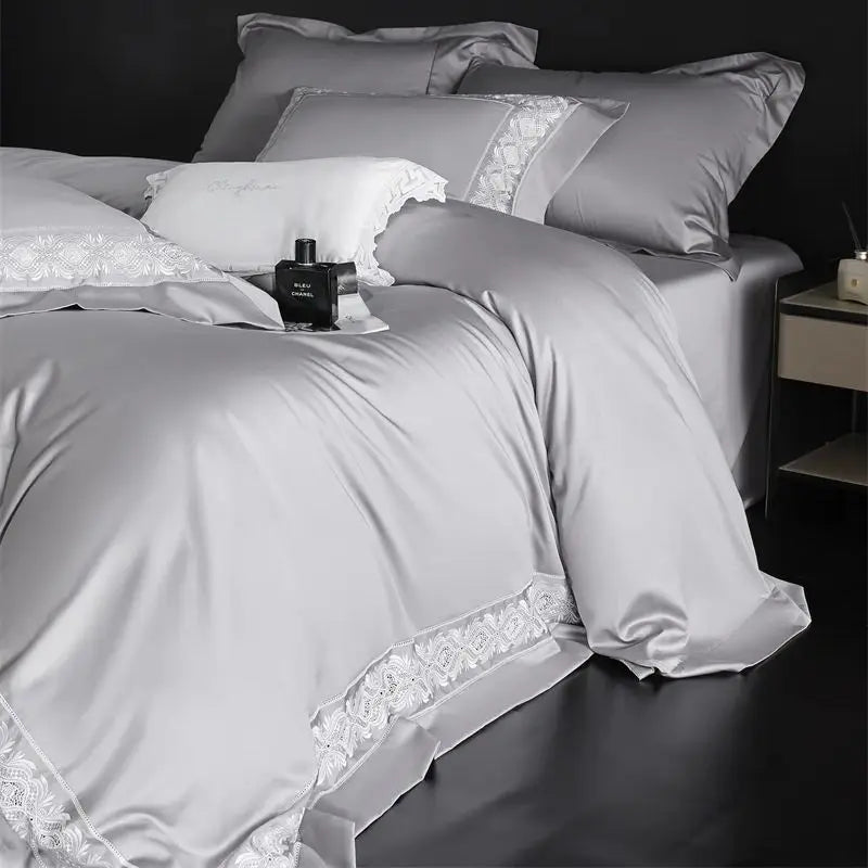 DecorBites™ 1200TC Egyptian Cotton Lace Embroidery Bedding Set: 1 Duvet, 1 Sheet, 2 Pillowcases