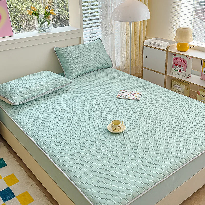 DecorBites™ Cool Silk Latex Fitted Sheet Set with Pillowcases, Summer Ice Silk, Single Double Bed