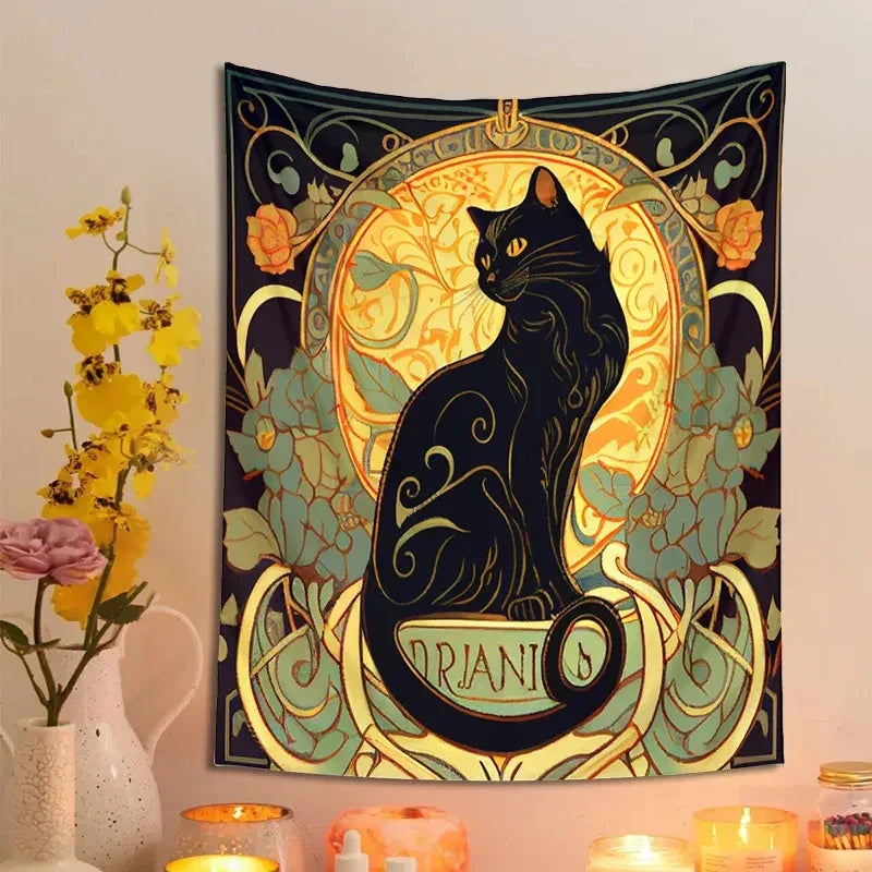 DecorBites™ Black Cat Tapestry Wall Hanging - Psychedelic Floral Art for Cat Lovers