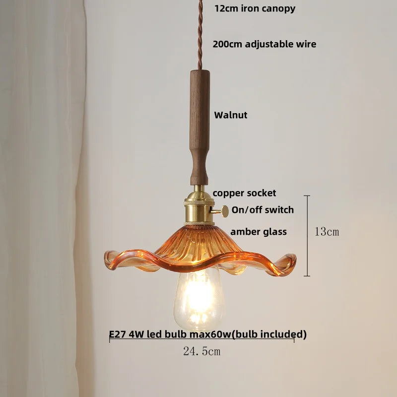DecorBites™ Amber Glass LED Pendant Lamp with Walnut Wood Accent - Modern Nordic Hanging Light