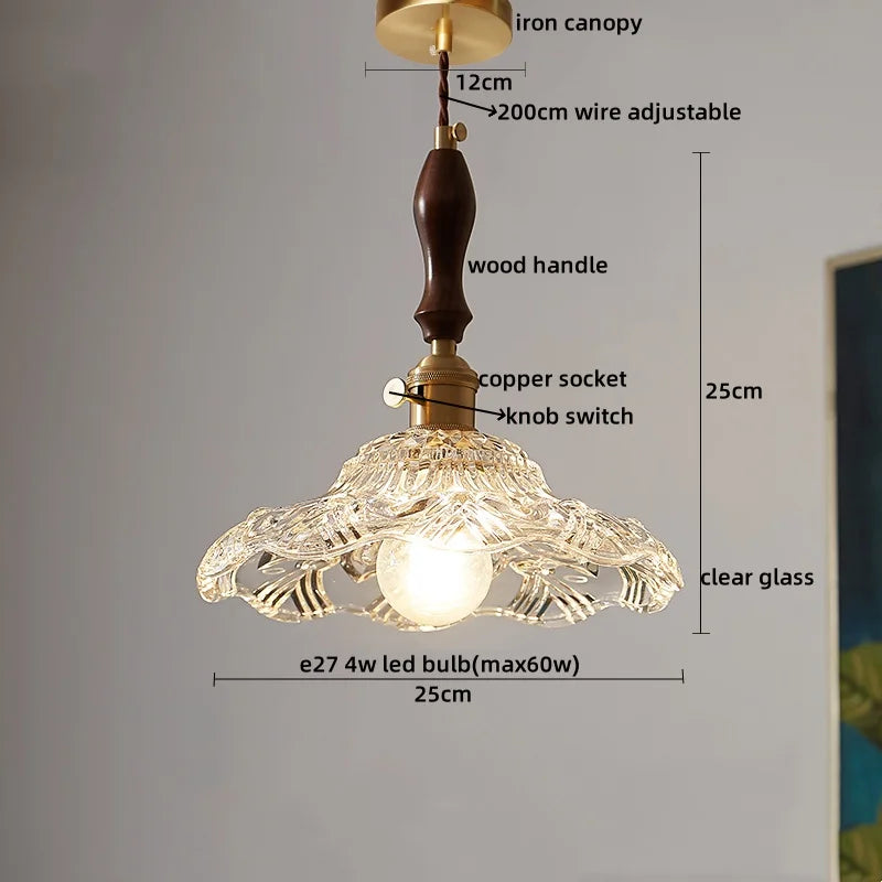 DecorBites™ LED Pendant Light Fixture Wood Handle Clear Glass Modern Hanging Lamp