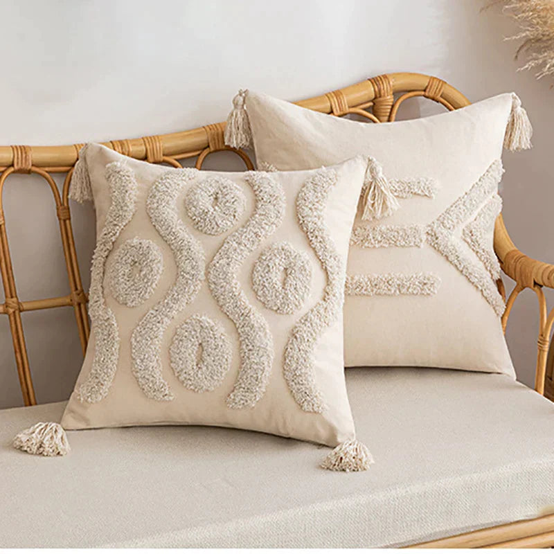 DecorBites™ Geometric Tufted Cushion Cover Beige Patchwork Pillow Covers Wabi-sabi Style