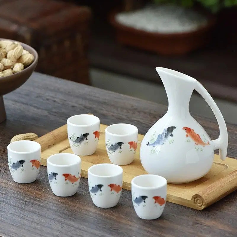 DecorBites™ Ceramic Wine Set Dispenser Antique Pot Liquor Cup Warming Container