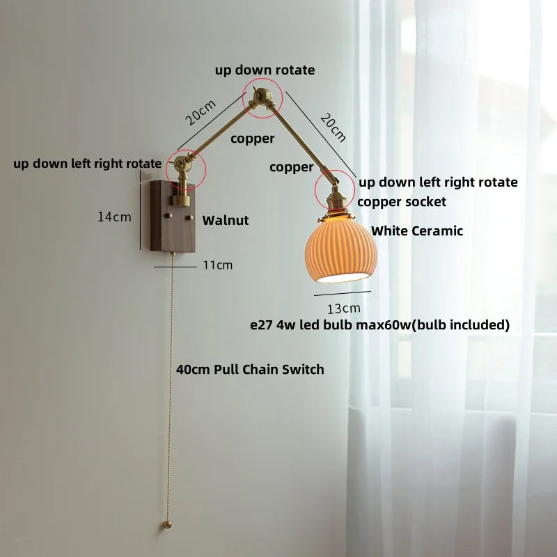 DecorBites™ Ceramic LED Wall Light Rotatable Walnut Bedside Lamp