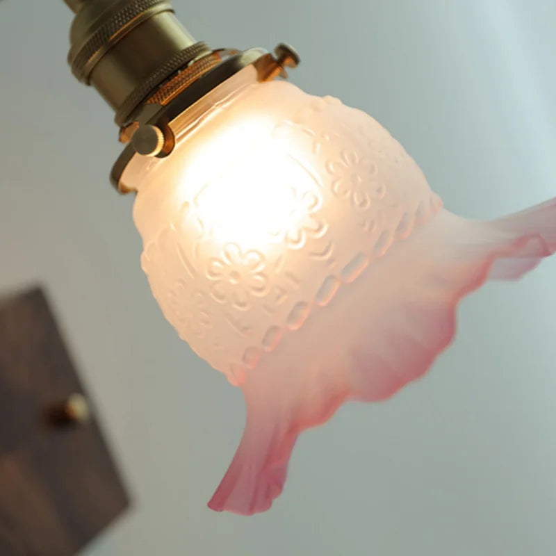 DecorBites™ Glass Pink LED Wall Sconce, Pull Chain Switch, Walnut Wood Bedside Lamp