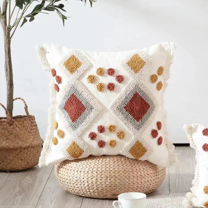 DecorBites™ Boho Ivory Brown Tufted Lace Pillow Cover 50x30/45x45cm for Living Room/Sofa