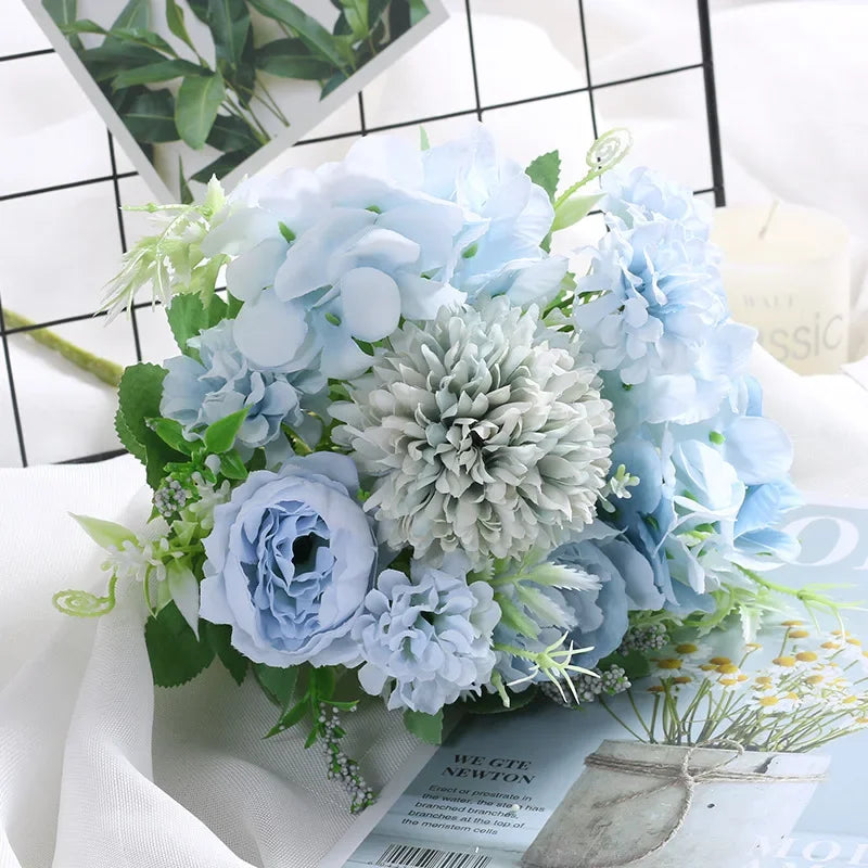 DecorBites™ Blue Peony Tea Rose Silk Fake Flowers for DIY Home Garden Wedding Decor
