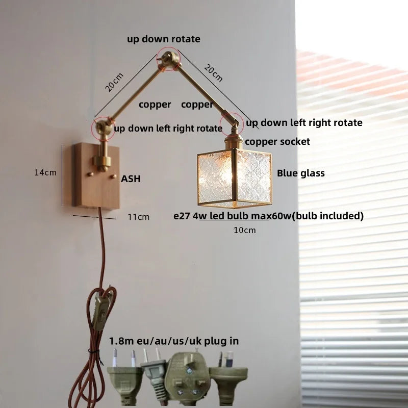 DecorBites™ Ash Wood LED Swing Arm Wall Light with Pull Chain Switch & Blue Glass