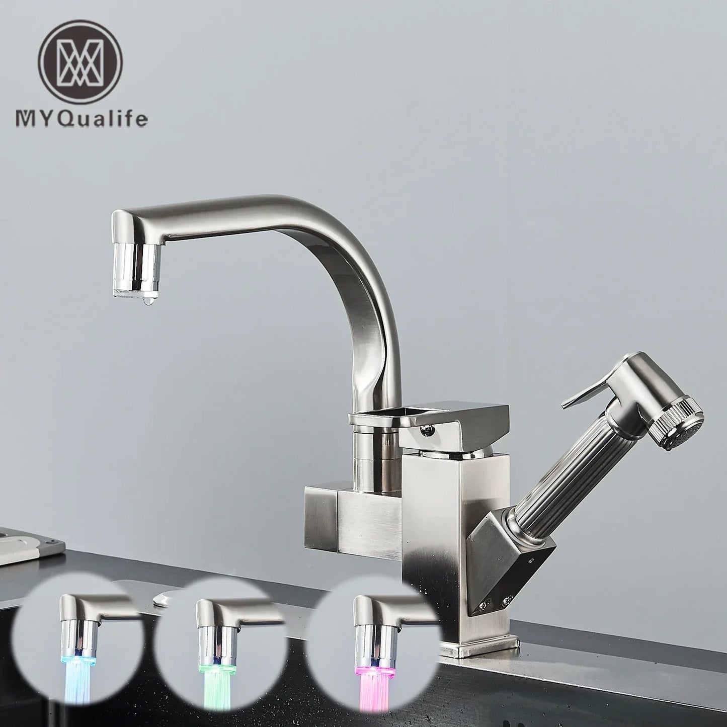 DecorBites™ LED Kitchen Faucet Mixer with Swivel Spouts and Pull-Out Spray