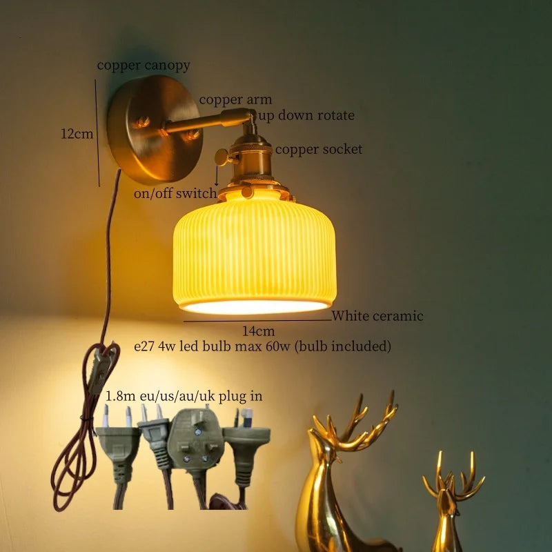 DecorBites™ Brass Ceramic LED Wall Light | Nordic Modern Bedside Lamp for Bedroom, Bathroom, and Sofa