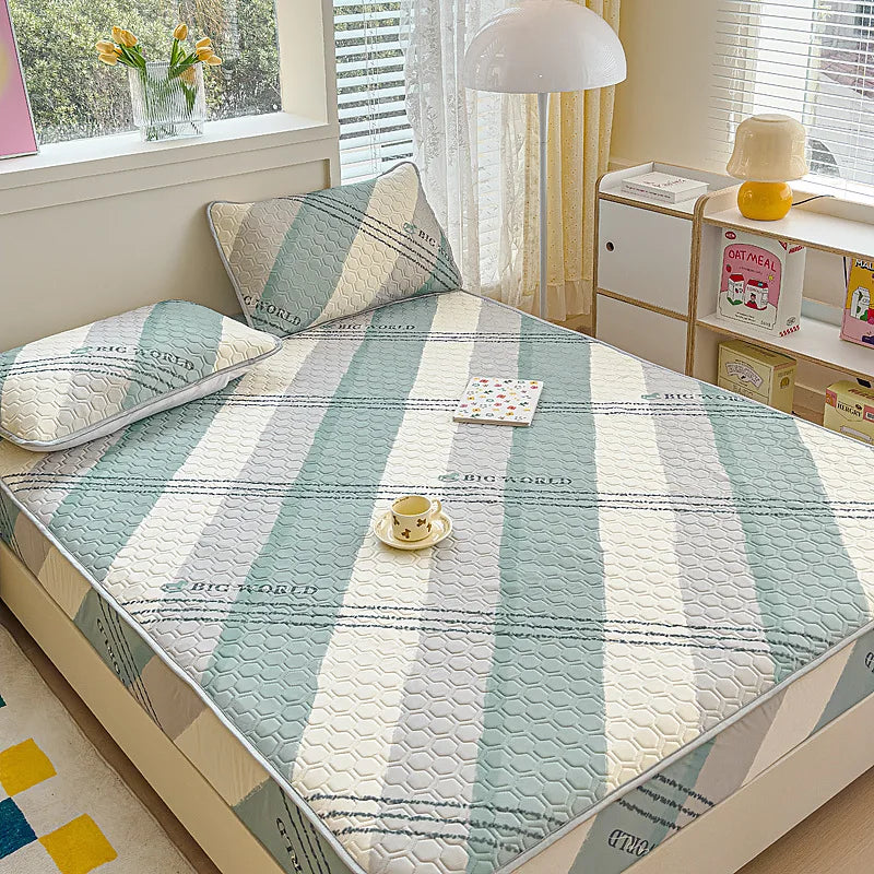DecorBites™ Cool Silk Latex Fitted Sheet Set with Pillowcases, Summer Ice Silk, Single Double Bed