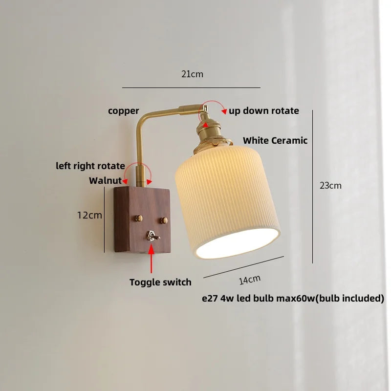 DecorBites™ Ceramic LED Wall Light Fixture White Copper Walnut Ash Bedside Lamp
