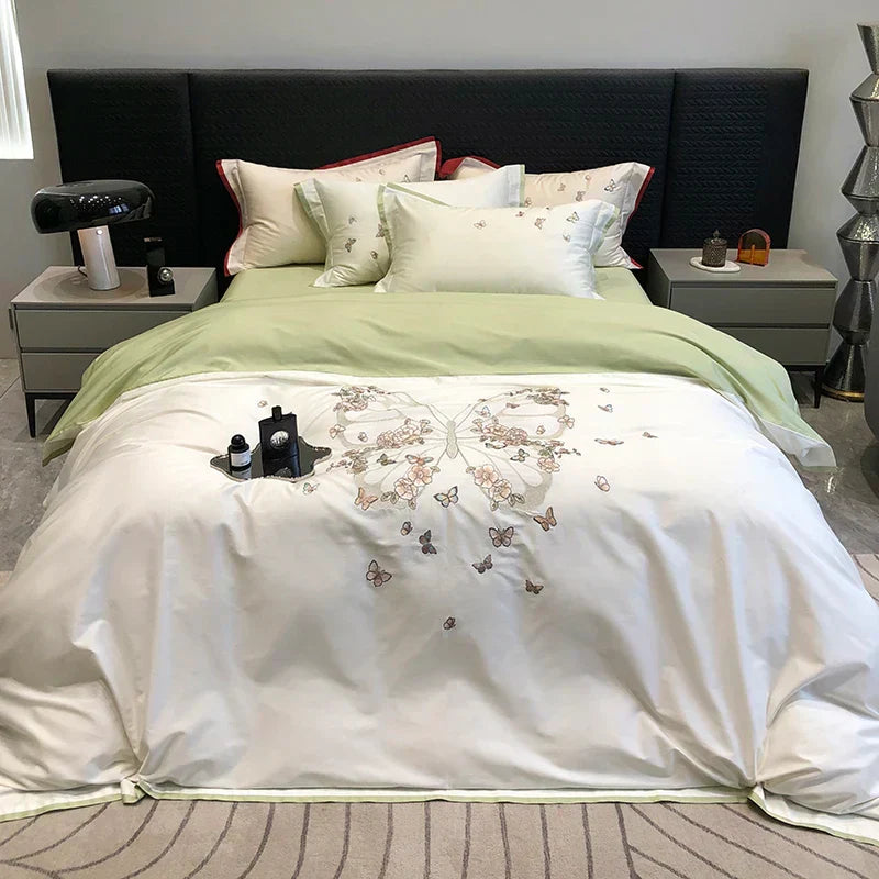 DecorBites™ Butterfly Flowers Embroidery Wedding Bedding Set 1000TC Egyptian Cotton Duvet Cover